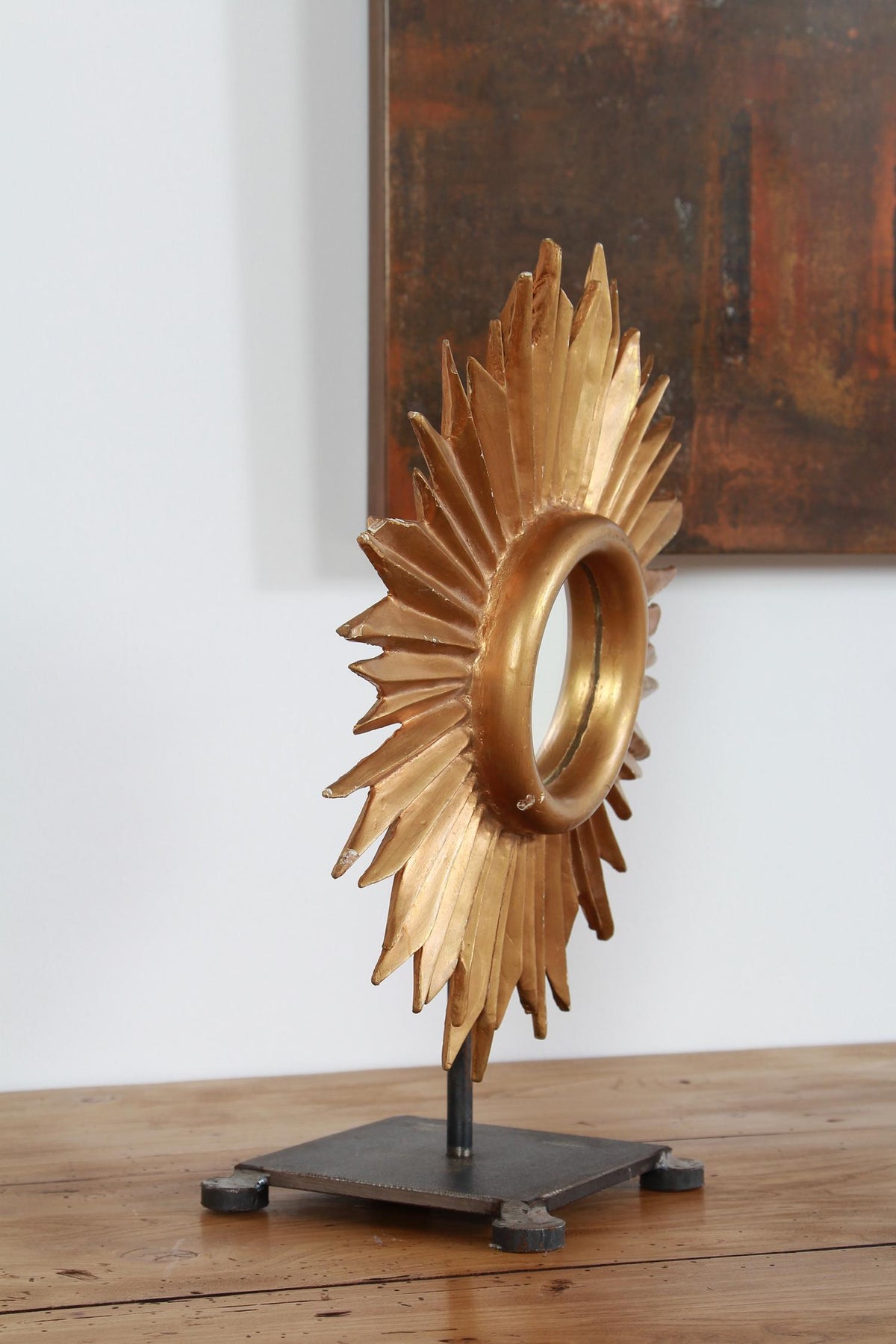 French Sunburst Mirror on Hand Forged Iron Stand