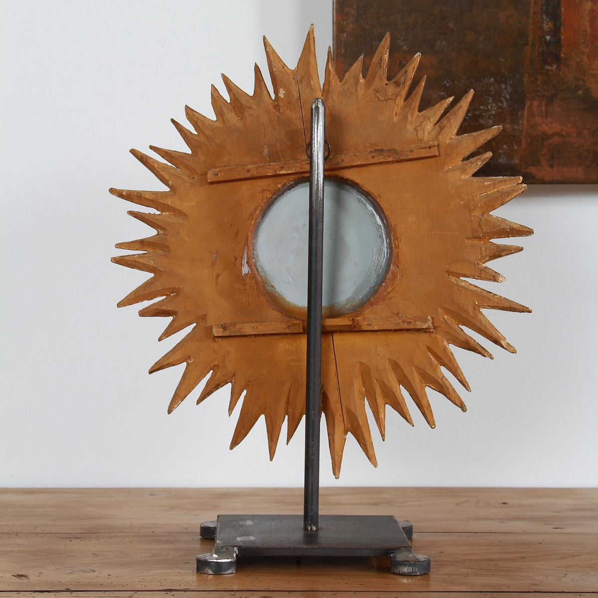 French Sunburst Mirror on Hand Forged Iron Stand