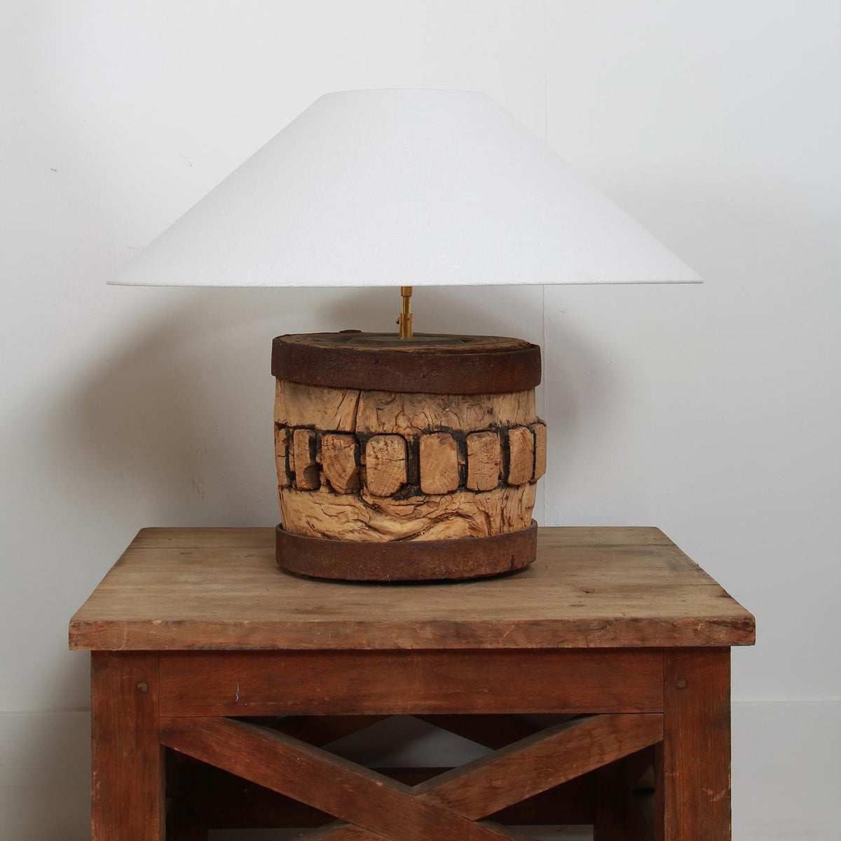 EXCEPTIONAL XL LAMP FASHIONED FROM AN ANTIQUE ARCHITECTURAL WOODEN FRAGMENT