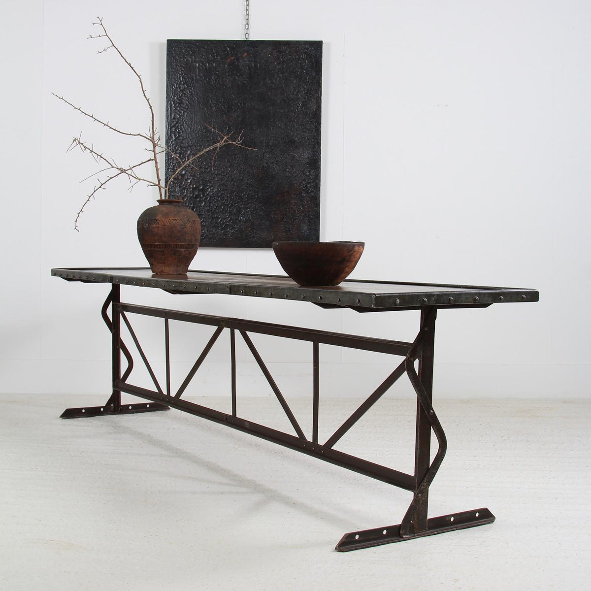 Unique Console Table, Artisan Forged Steel with Oak Top