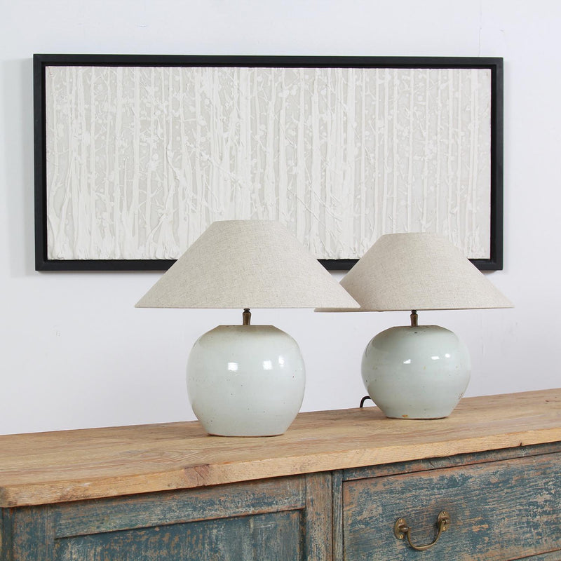 CHARMING Near Pair of  ANTIQUE CHINESE GINGER JAR TABLE LAMPs WITH NATURAL LINEN SHADES