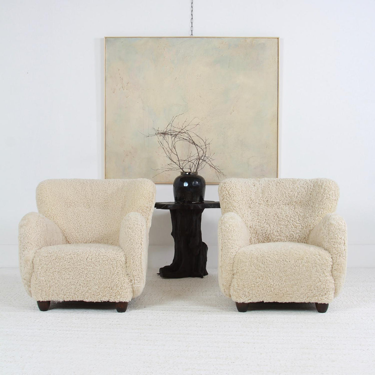 Sumptuous  Duo of Danish Cabinet Maker Lounge Chairs Upholstered in Natural Sheepskin