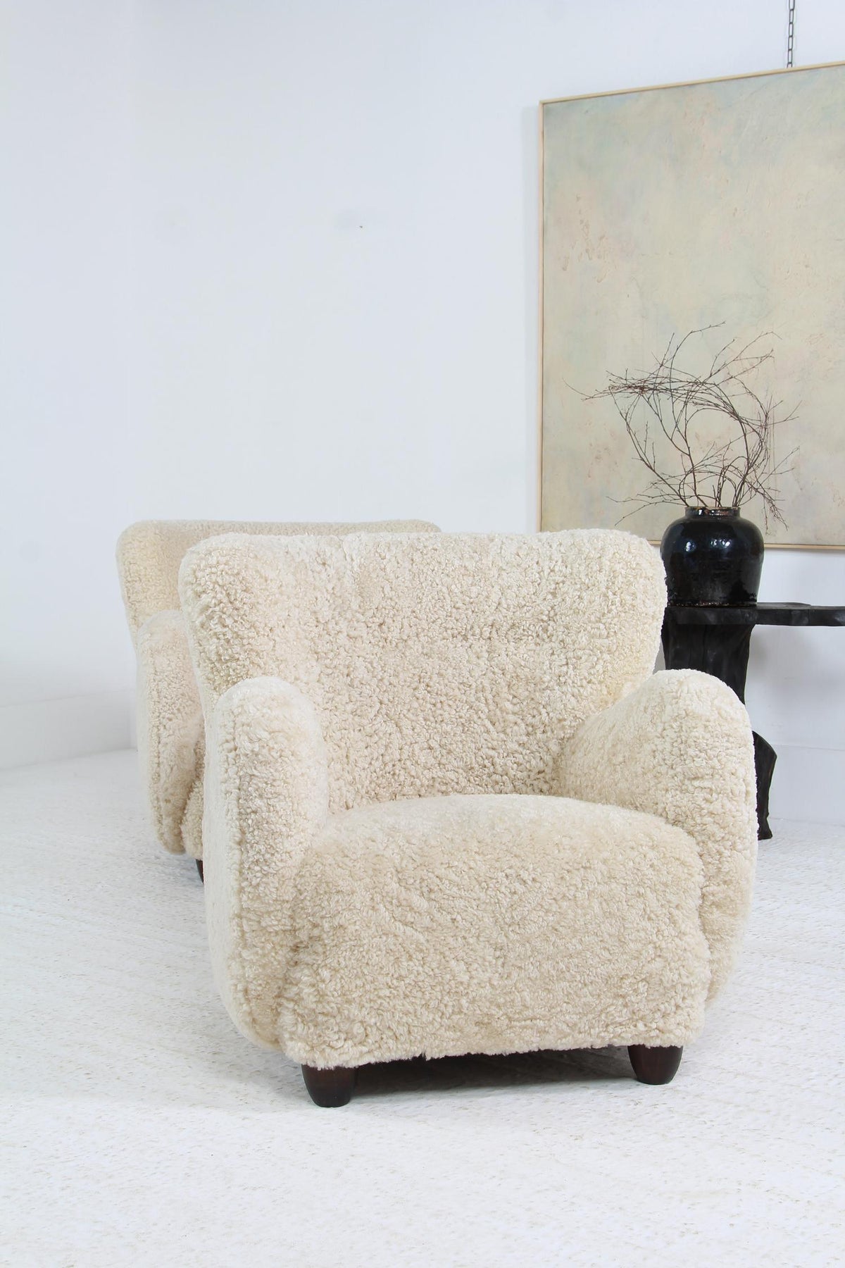 Sumptuous  Duo of Danish Cabinet Maker Lounge Chairs Upholstered in Natural Sheepskin