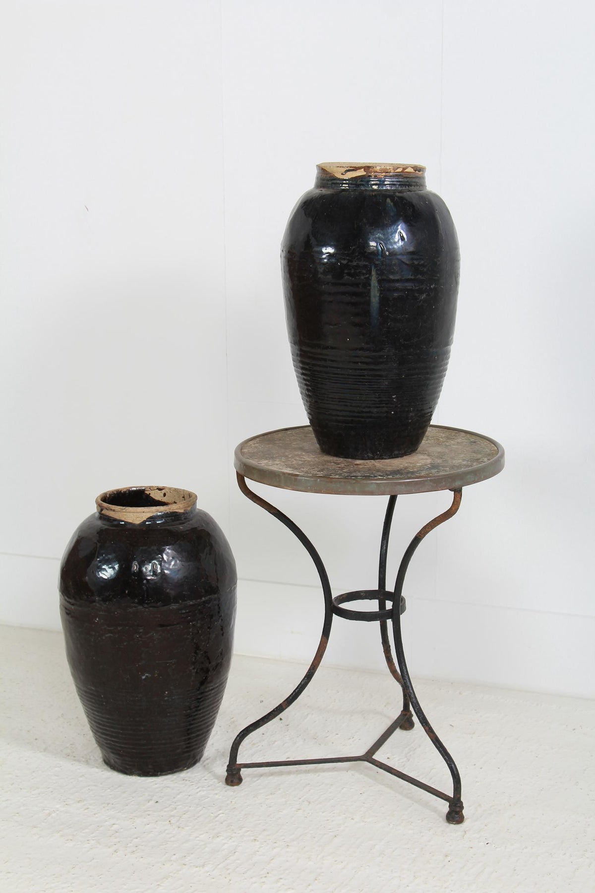 Collection of Two Antique Handmade Chinese Black Glazed Pickling Jars