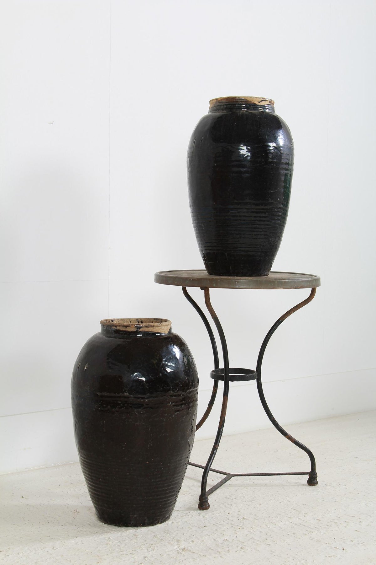 Collection of Two Antique Handmade Chinese Black Glazed Pickling Jars