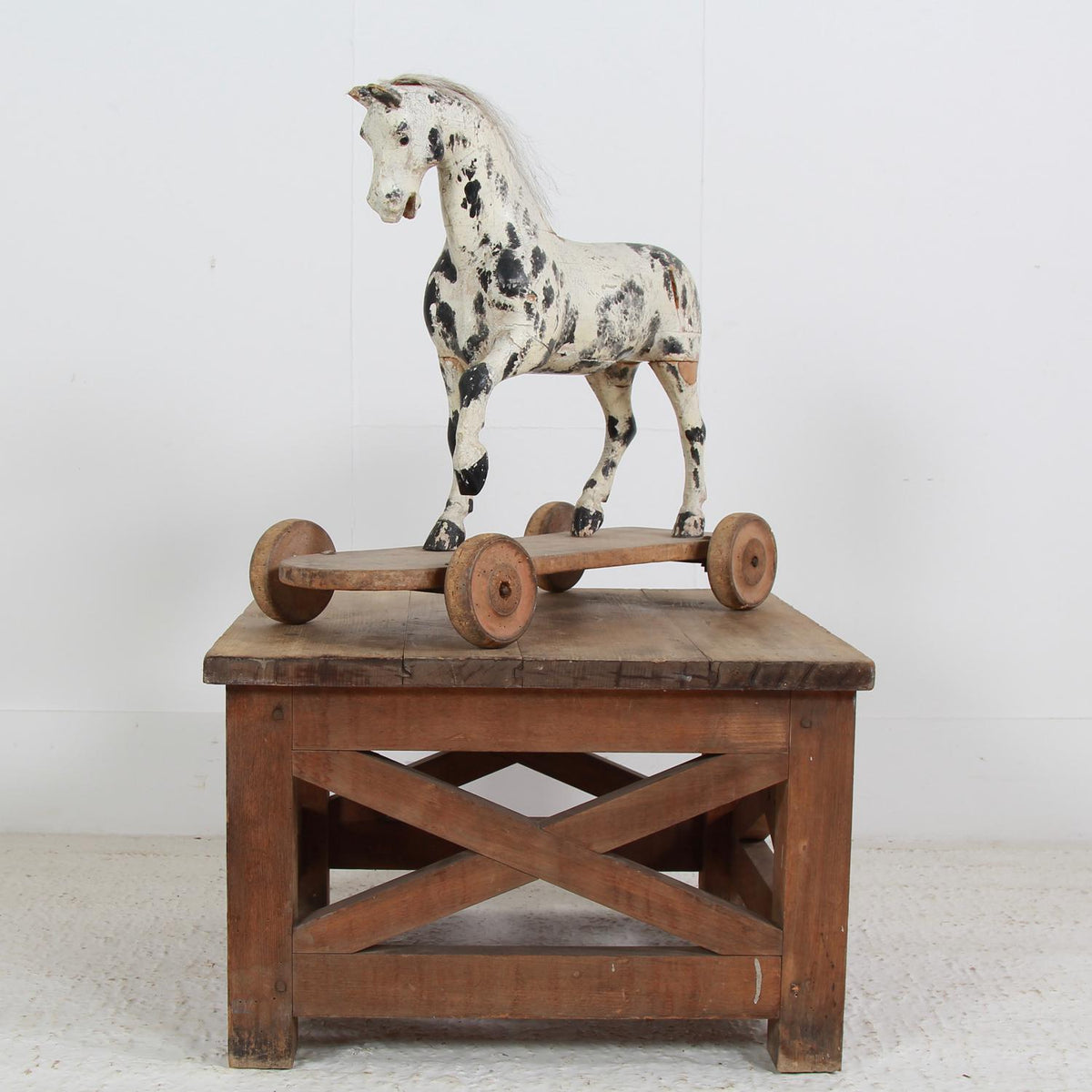 Antique 19thC Horse Sculpture Toy on Wheels with Wood Base