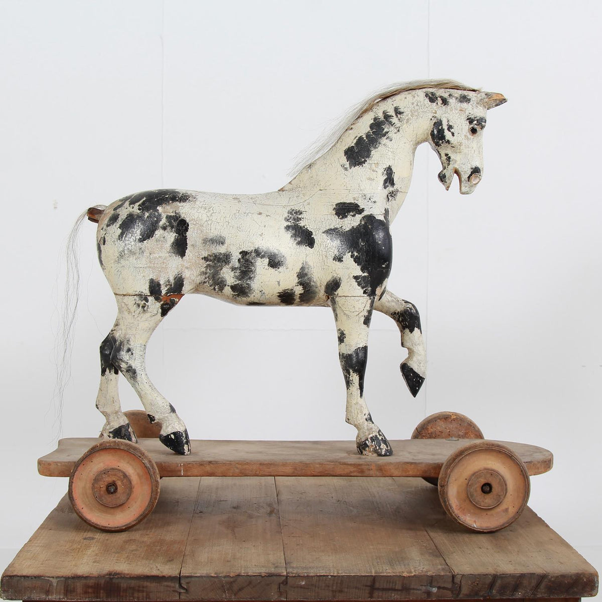 Antique 19thC Horse Sculpture Toy on Wheels with Wood Base
