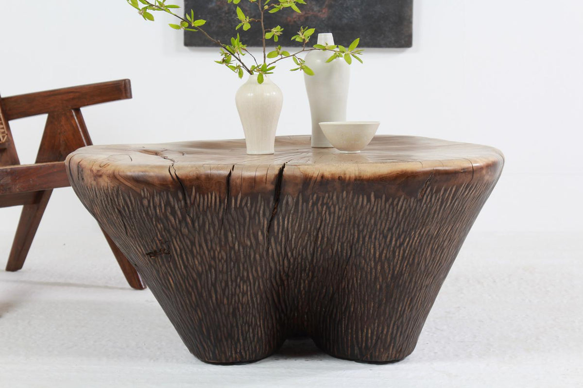 EXCEPTIONAL SCULPTURAL ARTISAN SYCAMORE DRUM COFFEE TABLE.PLEASE ENQUIRE