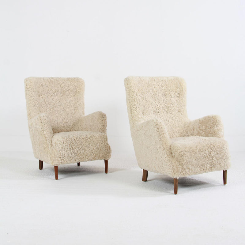 Pair of Danish Frits Henningsen High Back Lounge Chairs in Natural Sheepskin