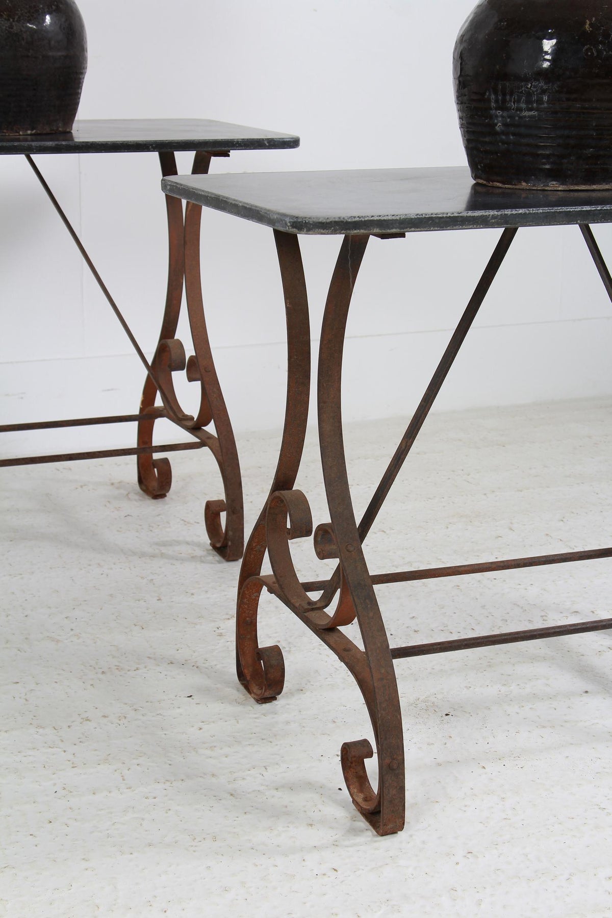 Pair of French Early 20thC  Iron & Granite Top Console Tables