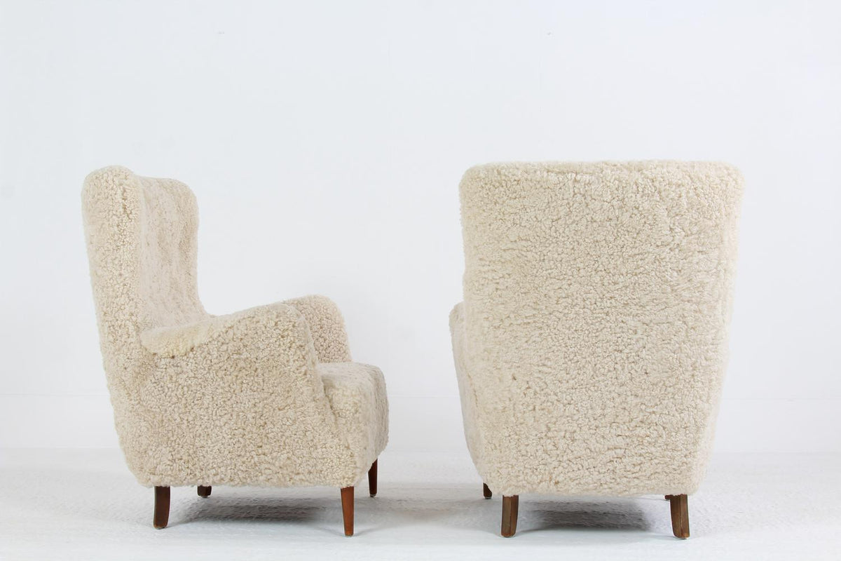Pair of Danish Frits Henningsen High Back Lounge Chairs in Natural Sheepskin