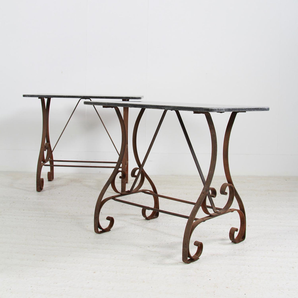 Pair of French Early 20thC  Iron & Granite Top Console Tables