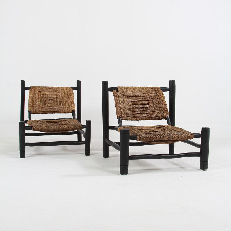 Pair of French Ebonised Wood & Rope Lounge Chairs