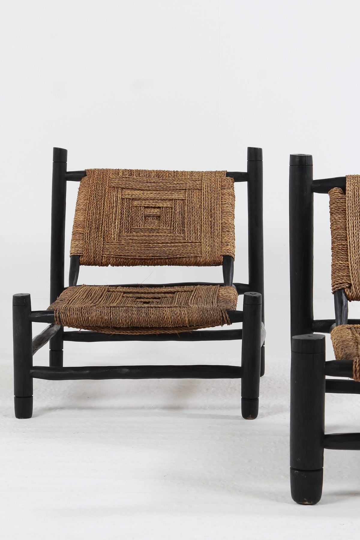 Pair of French Ebonised Wood & Rope Lounge Chairs