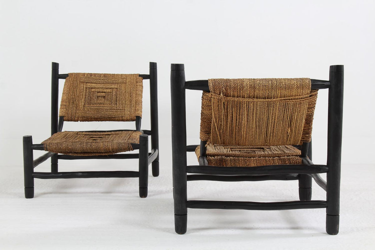 Pair of French Ebonised Wood & Rope Lounge Chairs