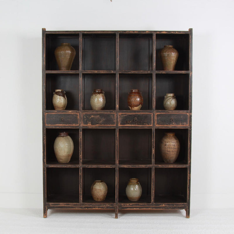IMPRESSIVE GRAND SCALE ANTIQUE BLACK PAINTED OPEN DISPLAY CABINET
