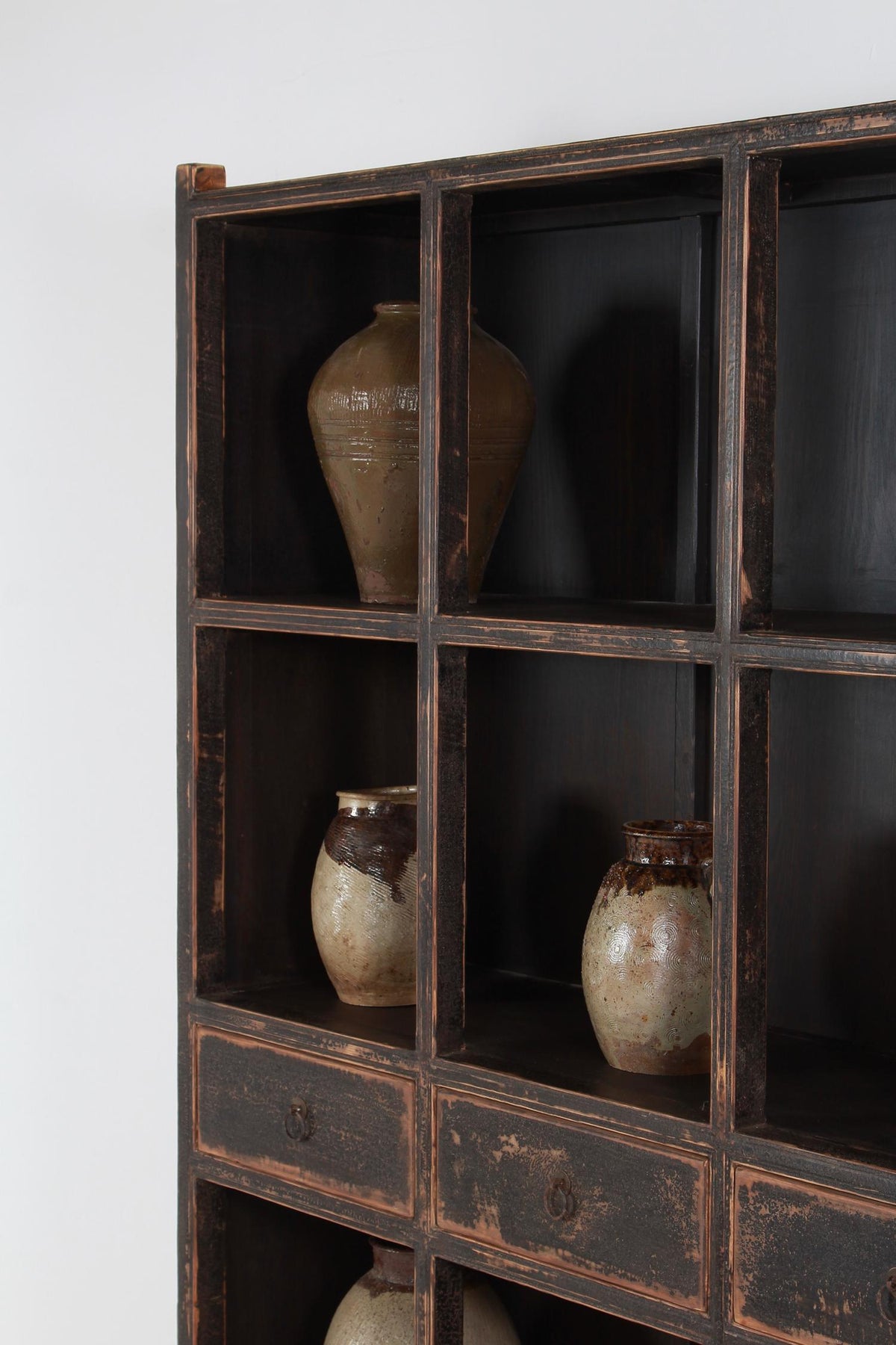 IMPRESSIVE GRAND SCALE ANTIQUE BLACK PAINTED OPEN DISPLAY CABINET