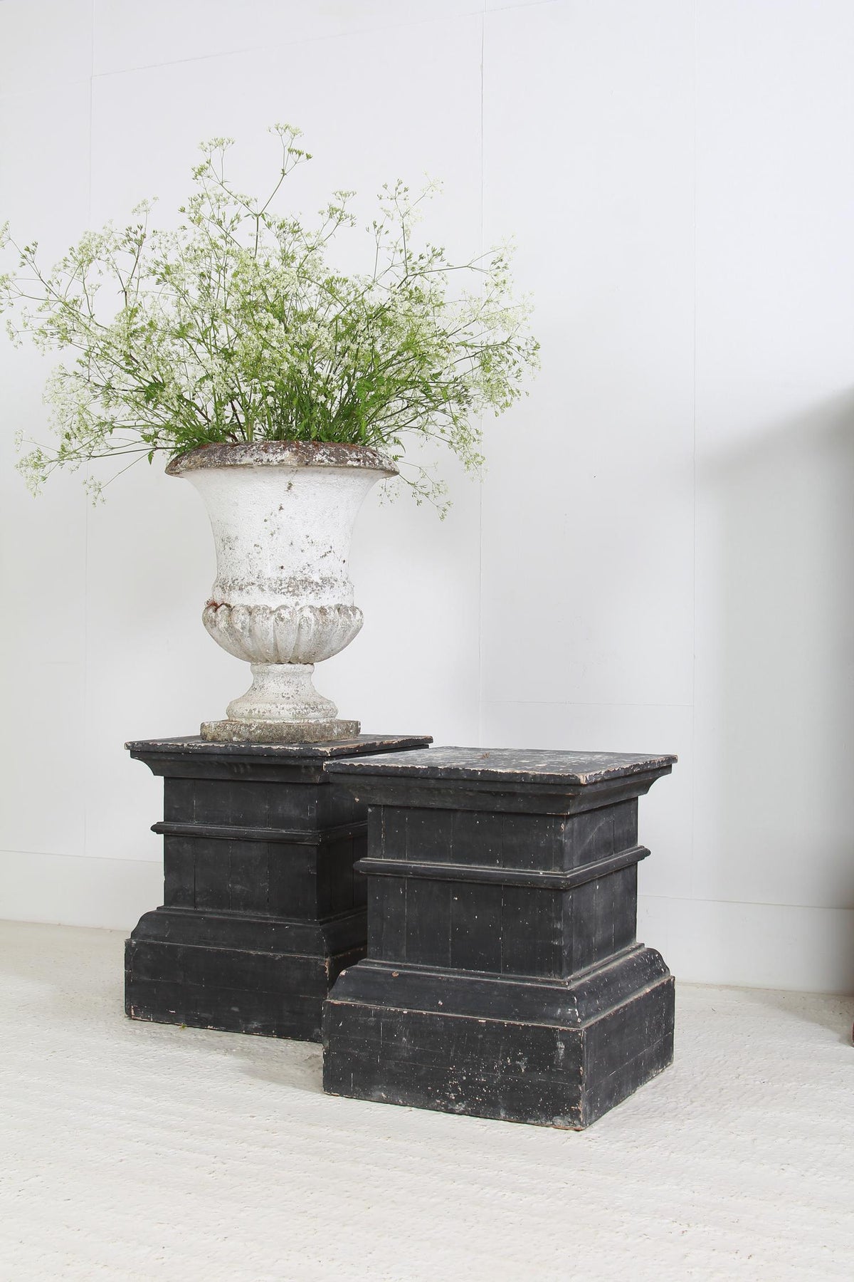 Pair Of Wood Pedestal Sculpture Stands With Nice Old Black Patina