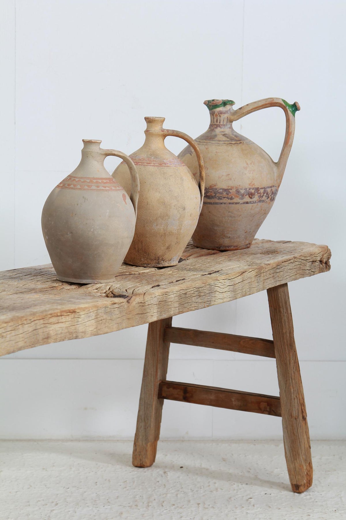 Trio of Antique Greek late 19thC Terracotta Olive Jugs
