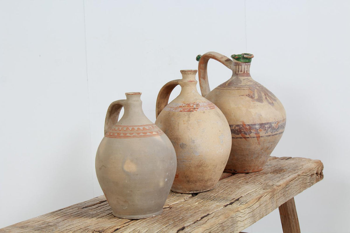 Trio of Antique Greek late 19thC Terracotta Olive Jugs