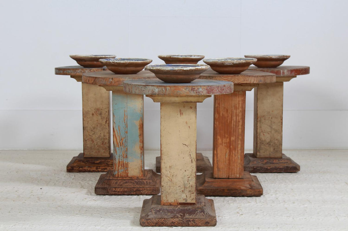 Set of Six Rustic French Original Painted Side Tables/Stools