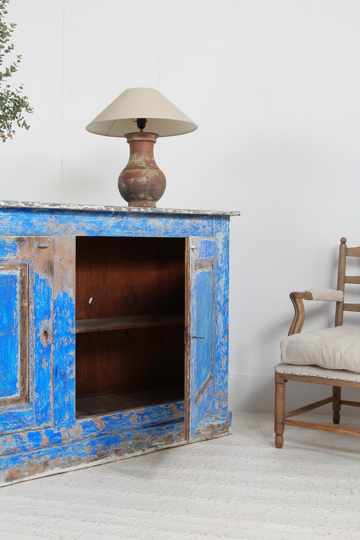 French  Provencale  19thC Two-Door Buffet with Distressed Blue Paint