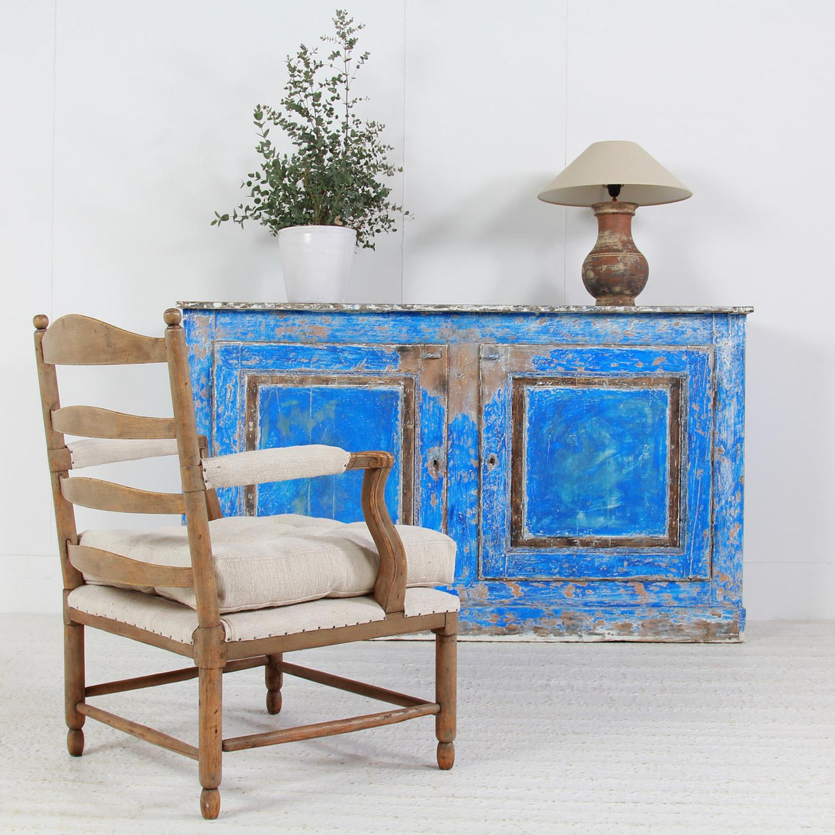 French  Provencale  19thC Two-Door Buffet with Distressed Blue Paint