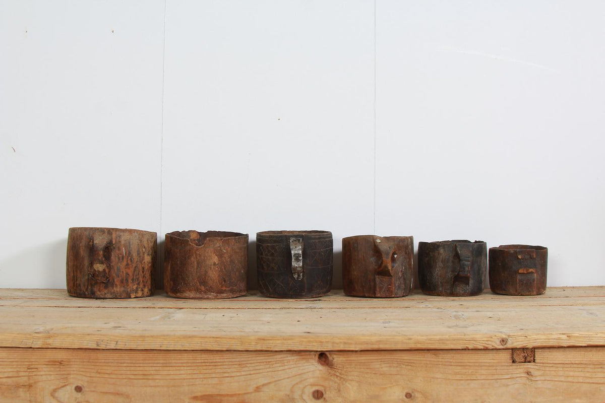 Collection Of Six Unique Primitive Wooden Pots