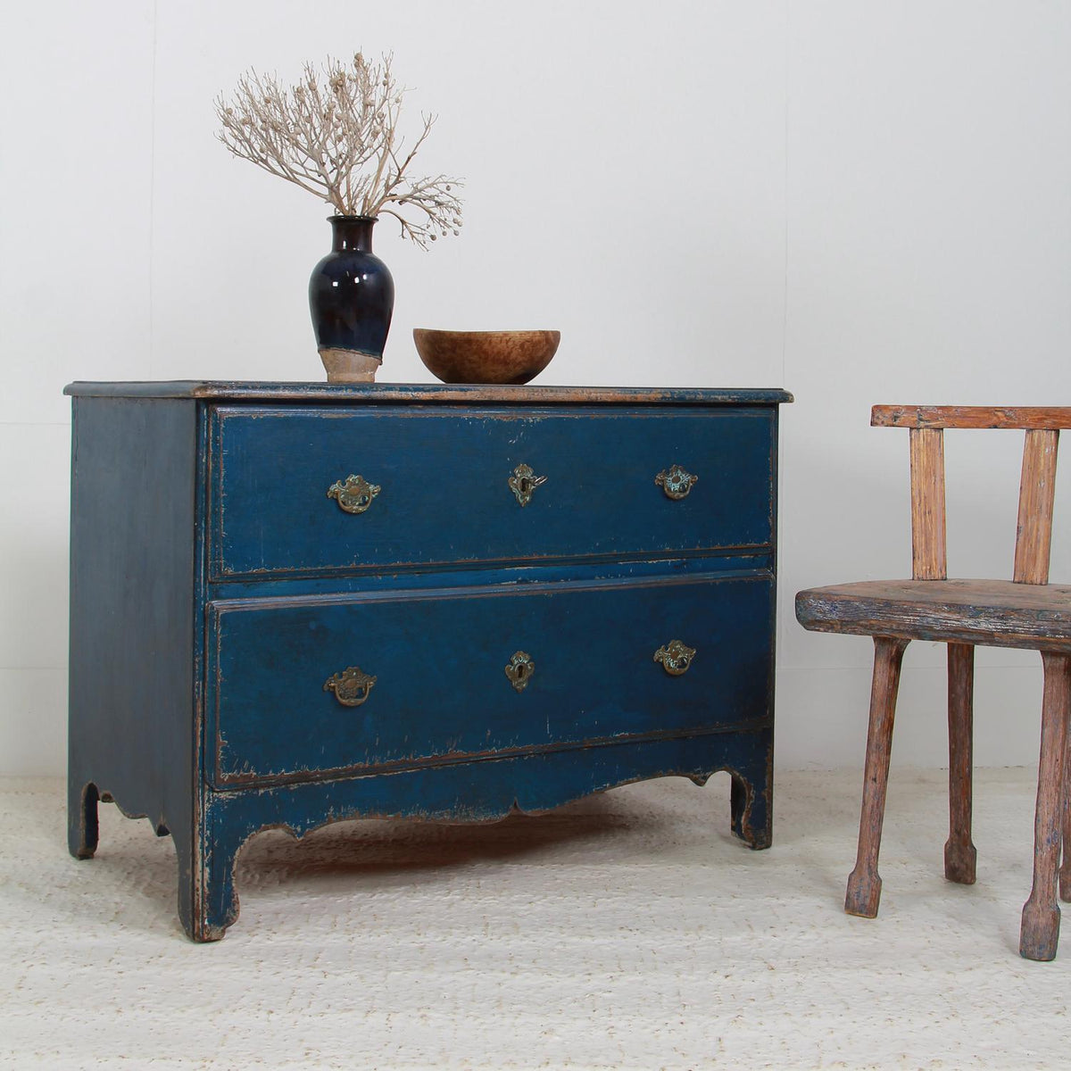 Charming Swedish 18thC Rococo Commode in Original Blue Paint
