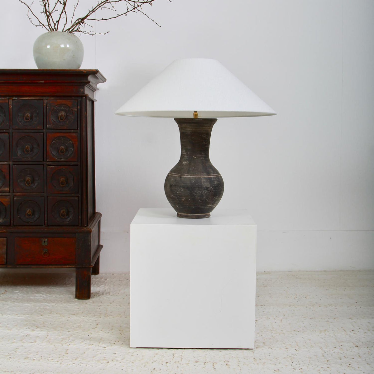 Chinese Han Style Lamp with Handmade Belgian White  Linen Shade