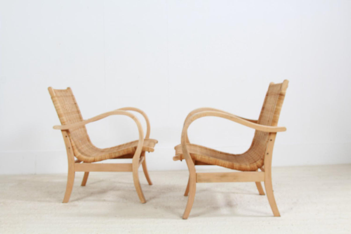 Midcentury Rattan  Lounge Chairs with Woven Seating