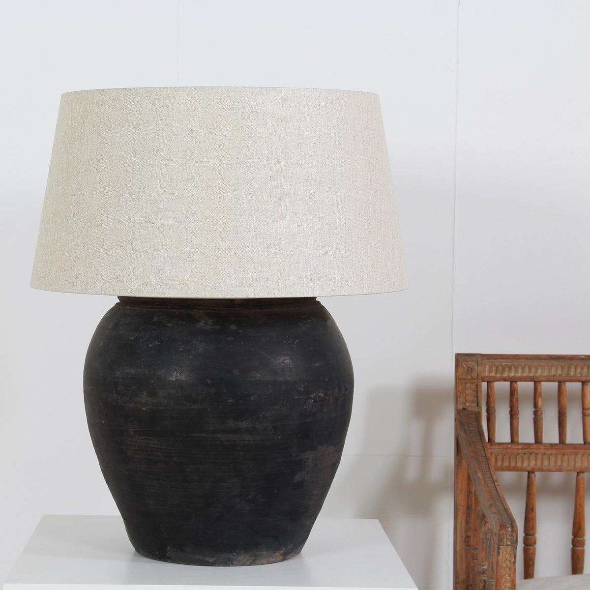 HUGE CHINESE  BLACK POTTERY LAMP WITH NATURAL LINEN DRUM SHADE