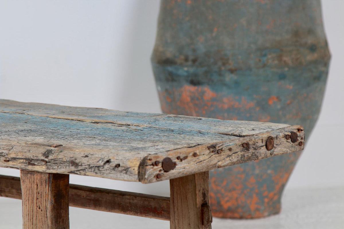 Large 19th Century Chinese   Bench in the Original Blue  Patina