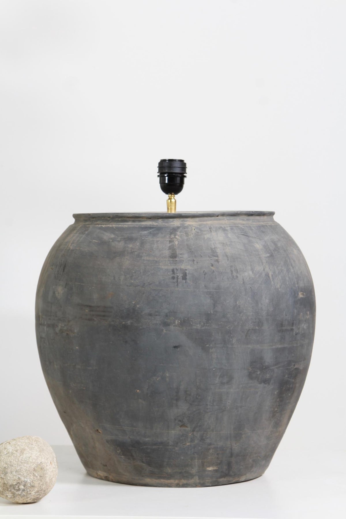 HUGE AUTHENTIC  CHINESE BLACK POTTERY LAMP WITH natural  LINEN SHADE
