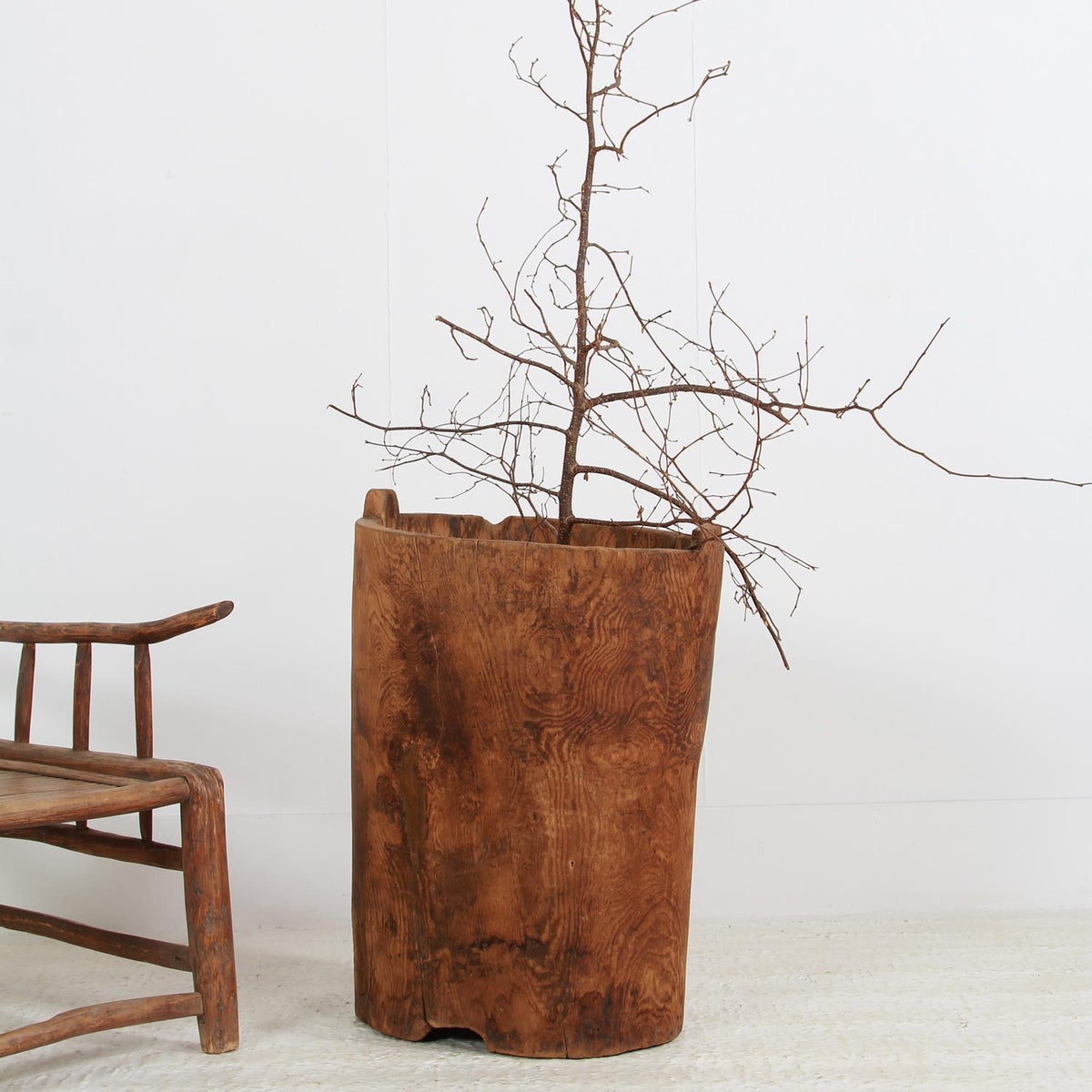 Rustic & Sculptural Japanese Wabi-Sabi  Dug Out Tree Trunk Barrel