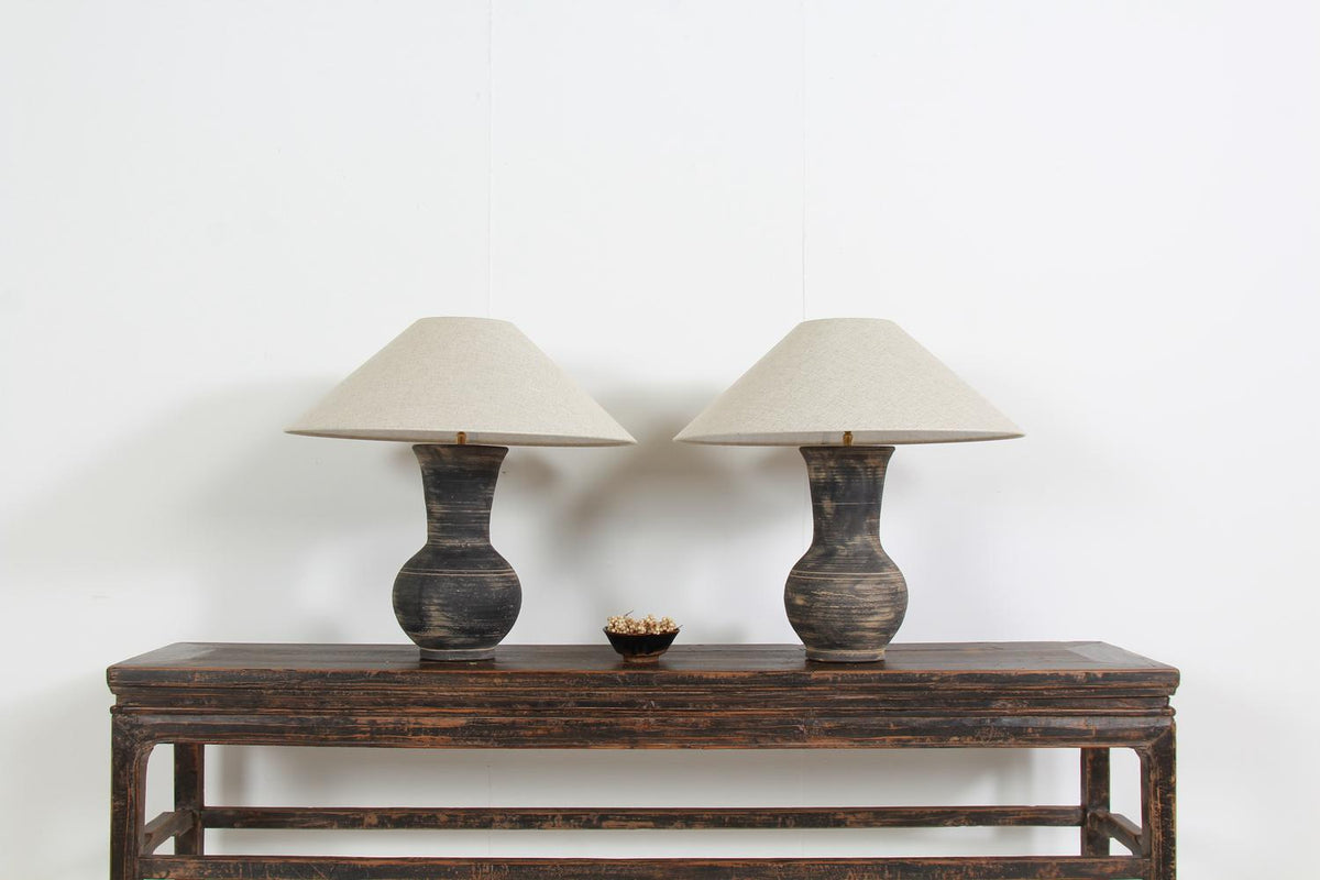 NEAR PAIR OF CHINESE HAN STYLE LAMPS WITH HANDMADE BELGIAN NATURAL LINEN SHADES