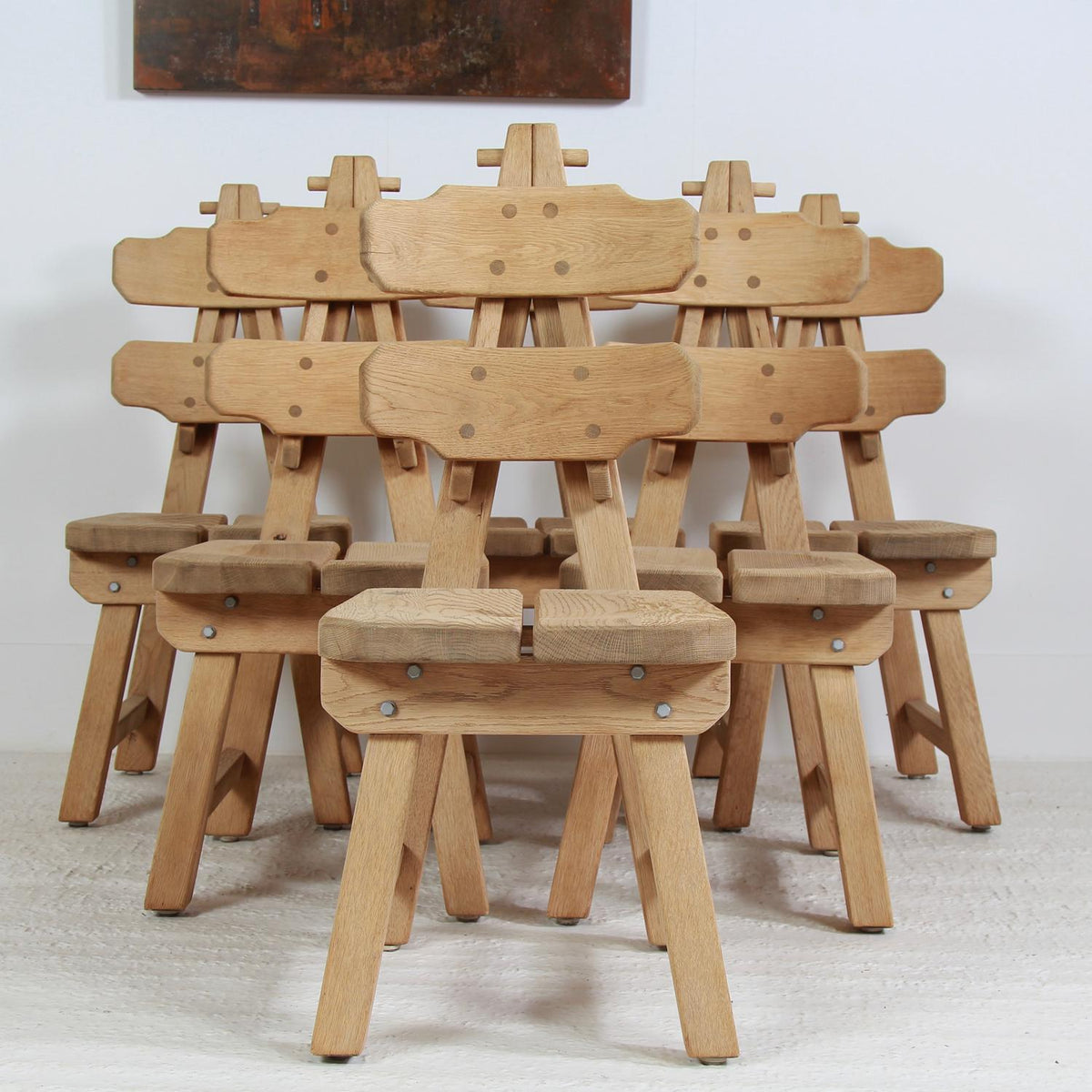 Set of Six Brutalist Spanish Oak Mid Century Dining Chairs