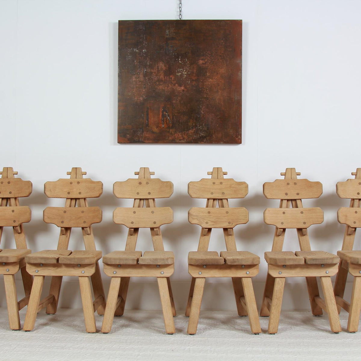 Set of Six Brutalist Spanish Oak Mid Century Dining Chairs