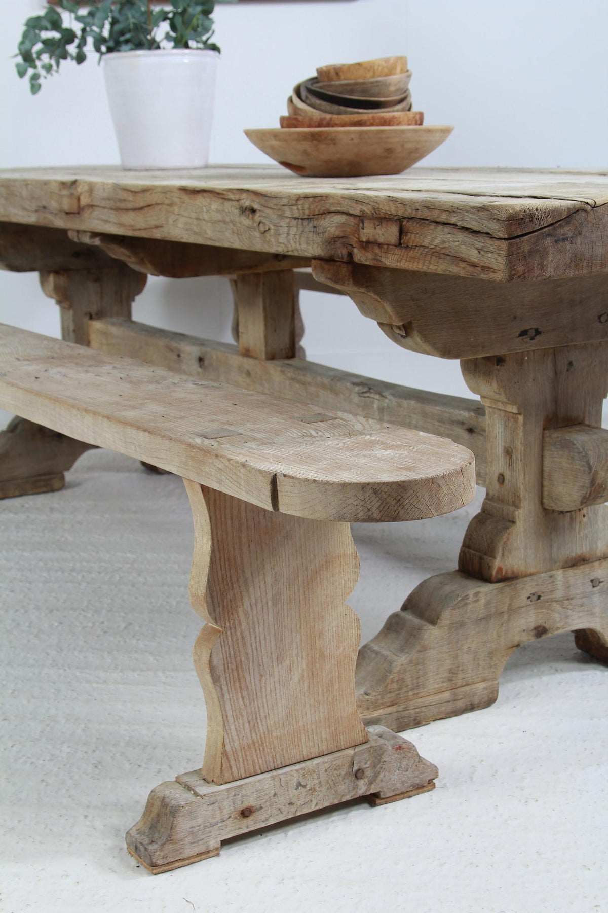 Gnarly French 19thC Oak Dining Table With Trestle Benches