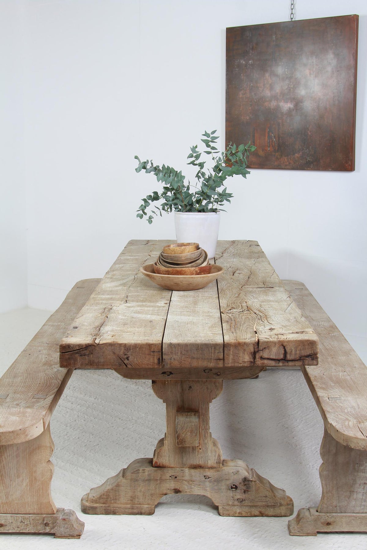 Gnarly French 19thC Oak Dining Table With Trestle Benches