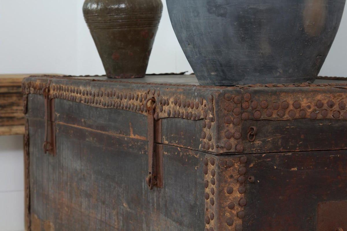 Spectacular Ancient Chinese 17thC Studded Traveling Merchants Trunk