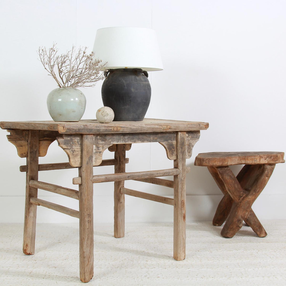 Rustic Provincial Chinese 19thC  Elm Stretcher Console/Lamp Table