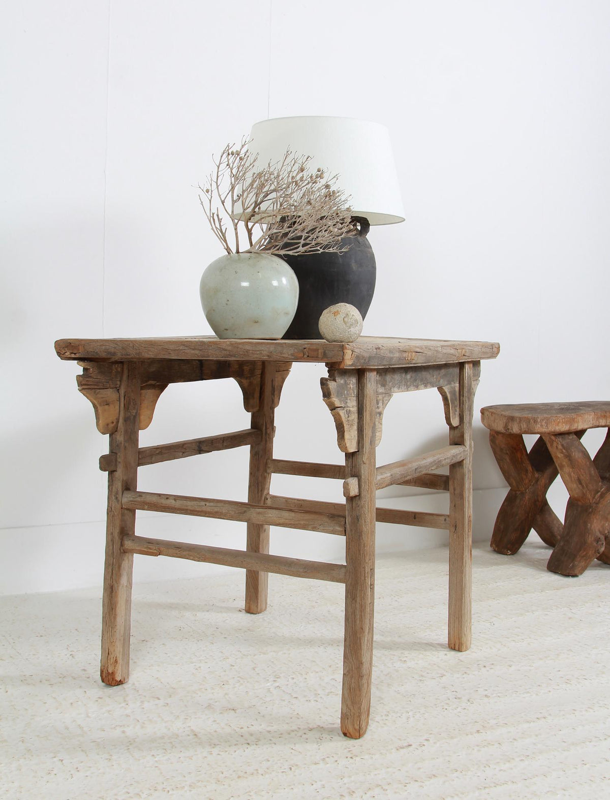 Rustic Provincial Chinese 19thC  Elm Stretcher Console/Lamp Table