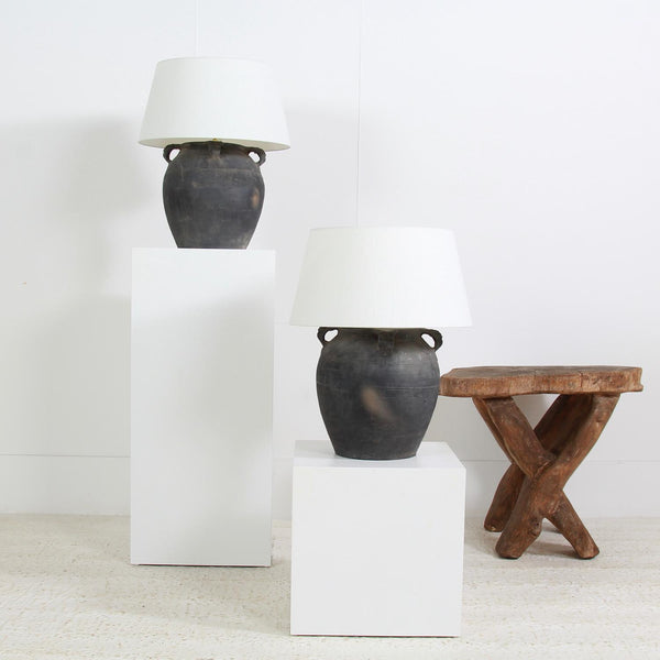 AUTHENTIC MATT BLACK POTTERY TABLE LAMPS WITH WHITE LINEN DRUM SHADES