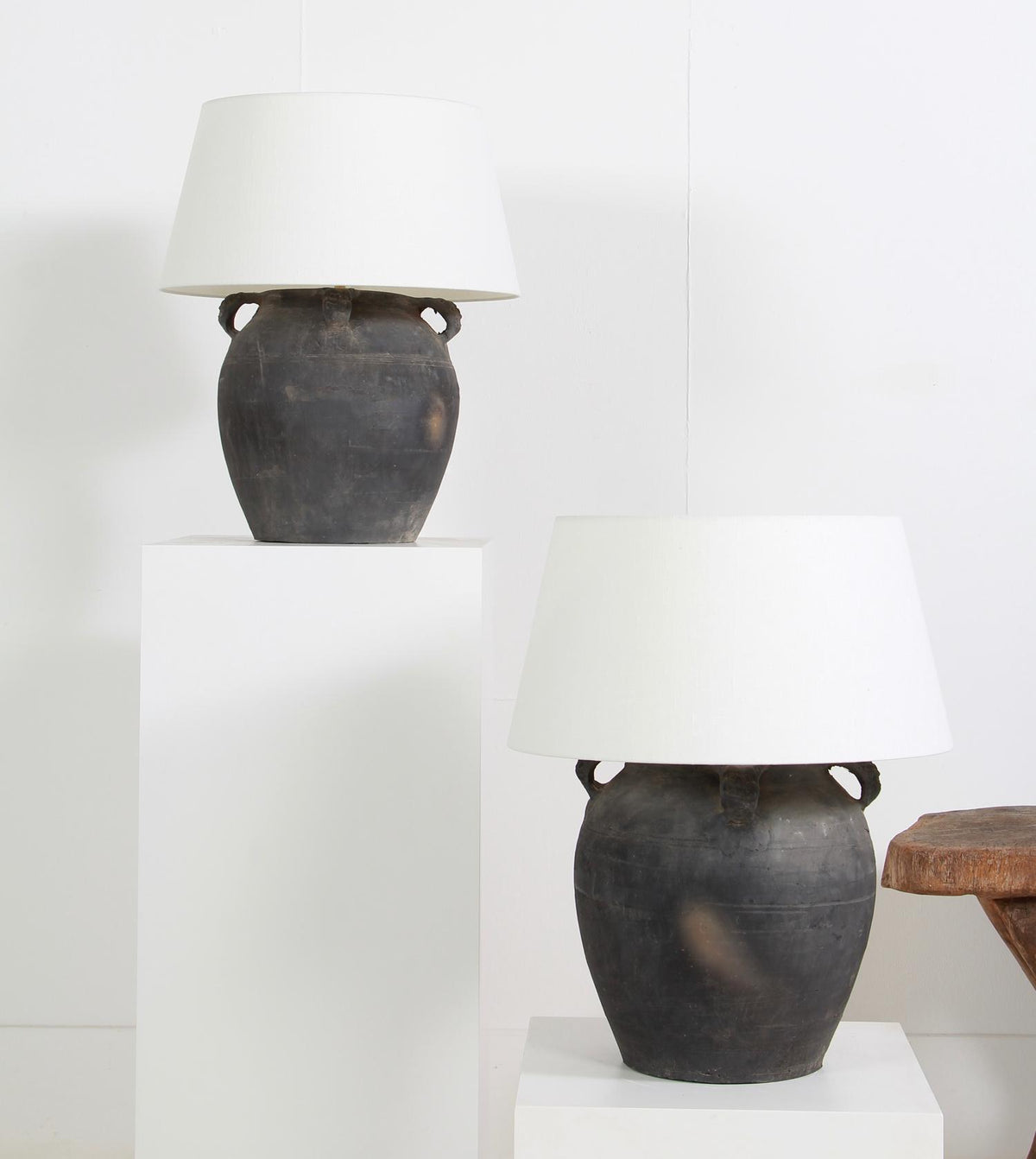 AUTHENTIC MATT BLACK POTTERY TABLE LAMPS WITH WHITE  LINEN DRUM SHADES