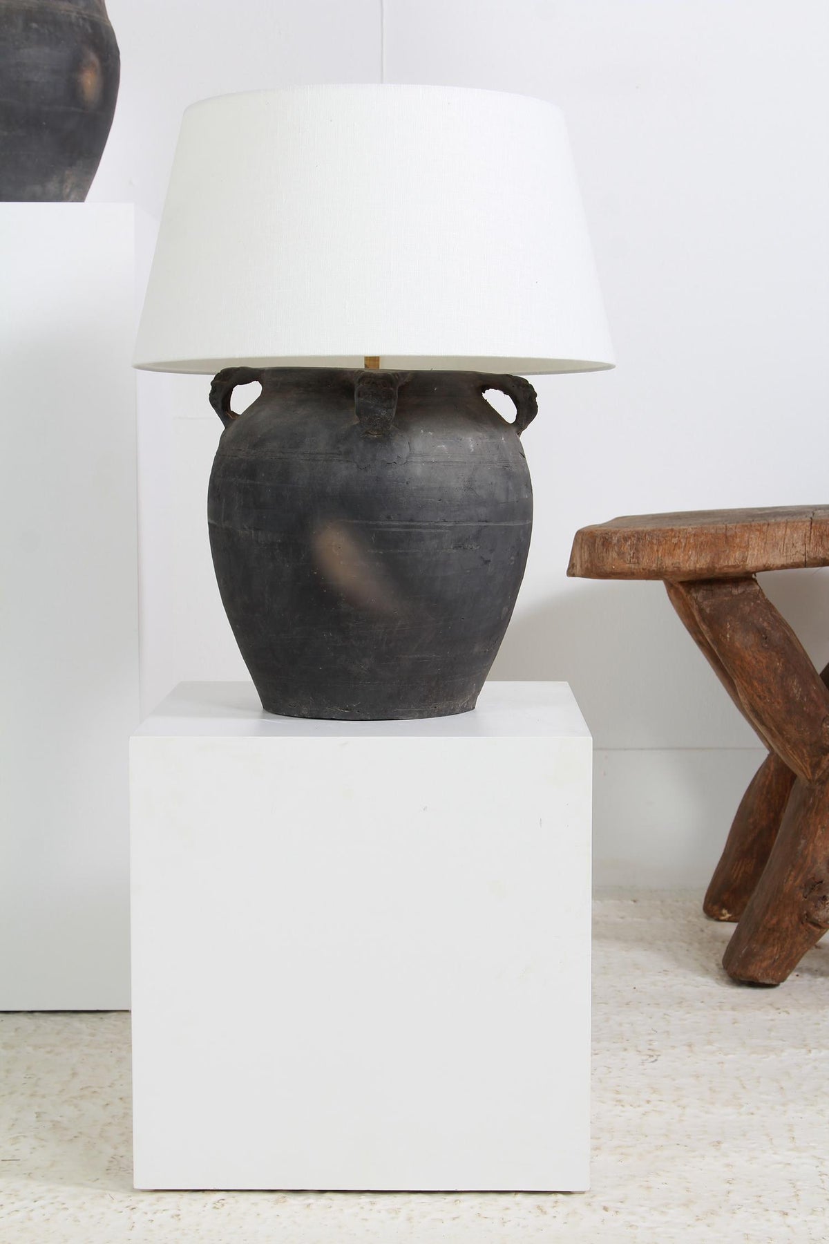 AUTHENTIC MATT BLACK POTTERY TABLE LAMPS WITH WHITE  LINEN DRUM SHADES