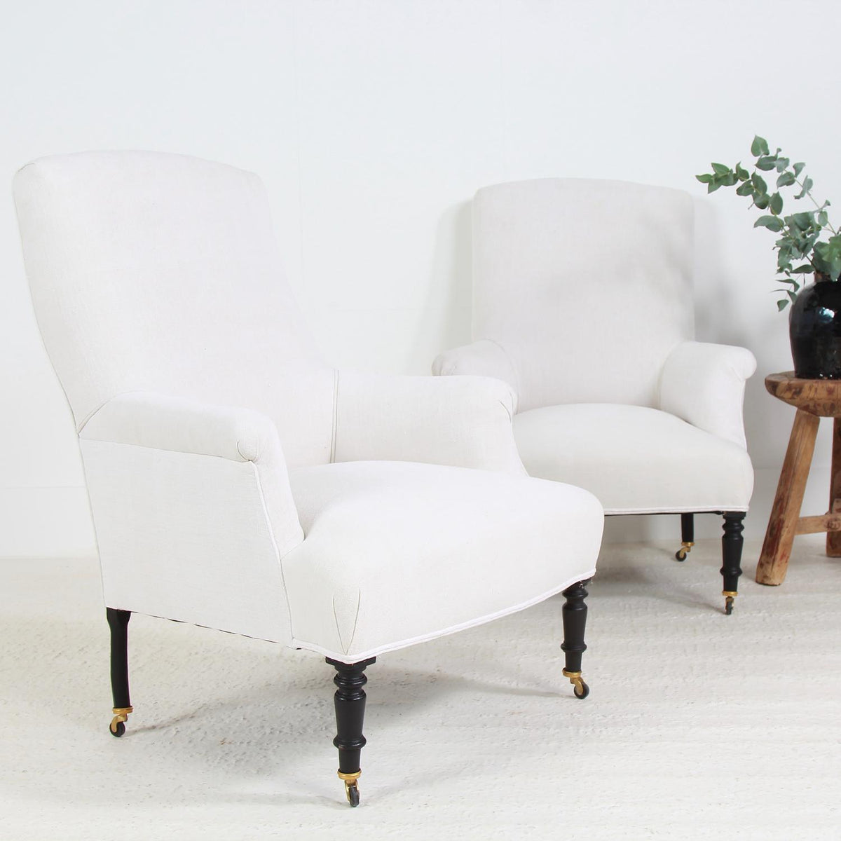 Pair of French Napoleon III Armchairs in Antique Linen