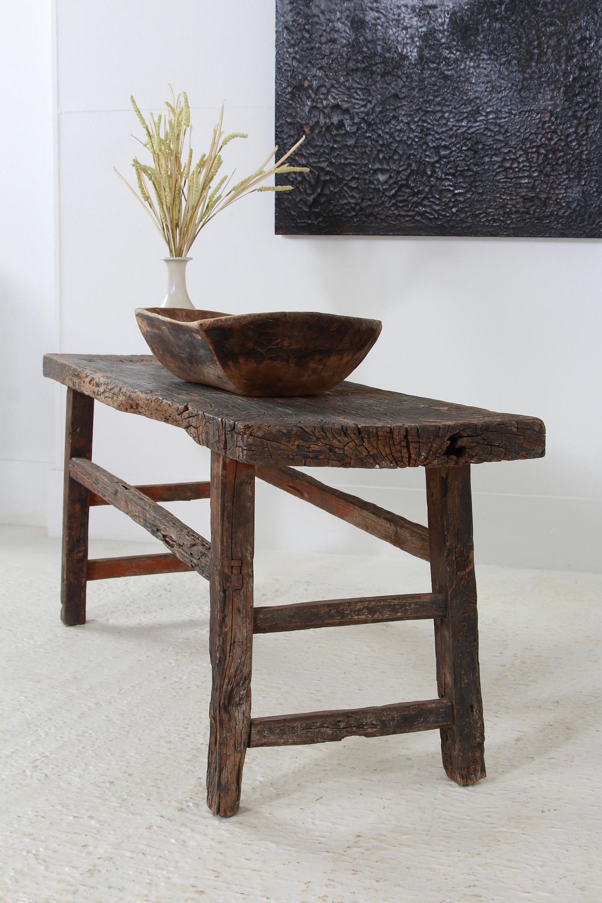 Rustic Primitive Bench with Traces of Old Black Paint