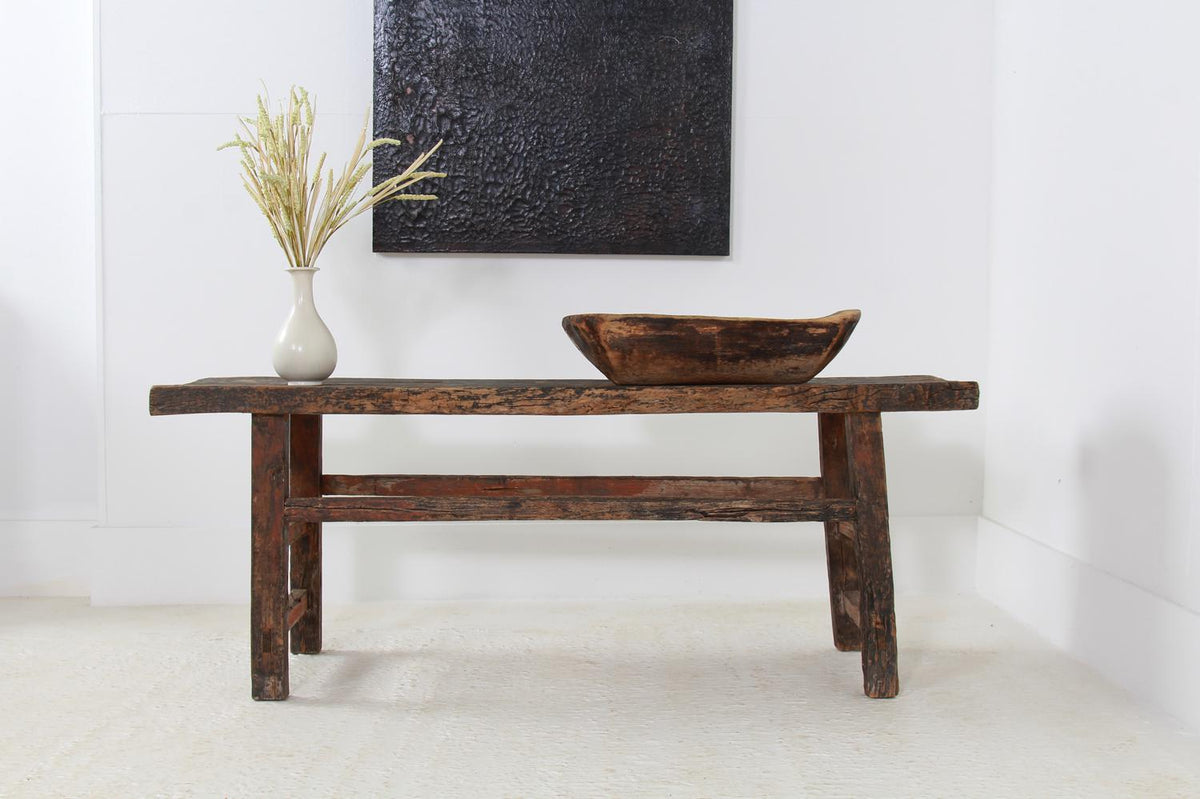 Rustic Primitive Bench with Traces of Old Black Paint