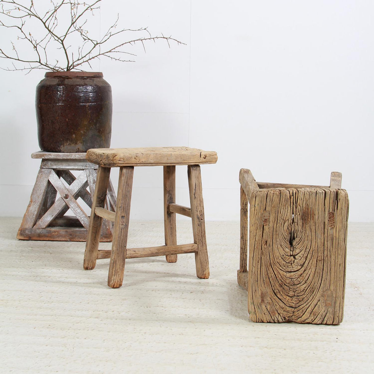 Near Pair of RUSTIC CHINESE WORKERS STOOLS OR TABLES